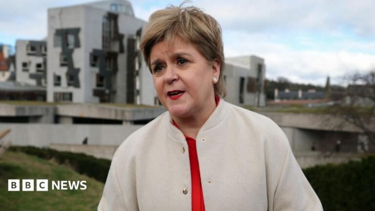 Supreme Court asked to rule on dispute over Sturgeon inquiry documents Nicola Sturgeon, who has short, fair hair, speaks outside the Scottish Parliament. She is wearing a beige jacket with a red top underneath