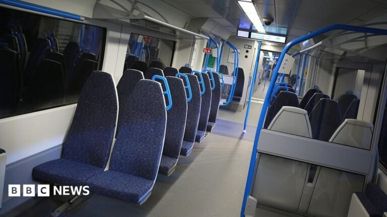 Thameslink to replace over 60,000 ‘ironing board’ train seats A row of dark blue seats on a train.