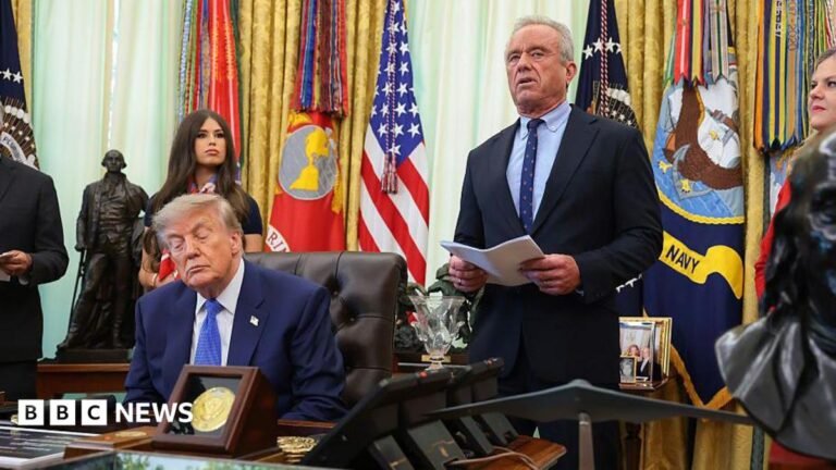 Trump signs order to limit childhood vaccines and split MMR shots Donald Trump speaks from a lectern during a news conference at the White House. He is accompanied by Robert F Kennedy Jr.