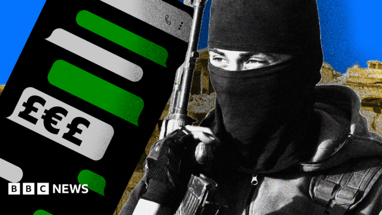 WhatsApp group chat used to send millions in cash, funding crime and extremism A composite image showing a stylised rendition of a phone with WhatsApp-style text message bubbles in grey and green, with one displaying currency symbols. On the right-hand side is an image of an IS militant with his face covered with a balaclava and carrying an assault rifle, with an image of war-torn Syria behind him.