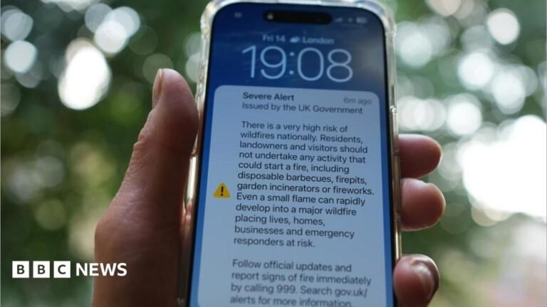 Wildfires: Phone alert was ‘entirely appropriate’, government says A hand holding an iPhone which includes a notification of an emergency alert from the UK Government on wildfires.