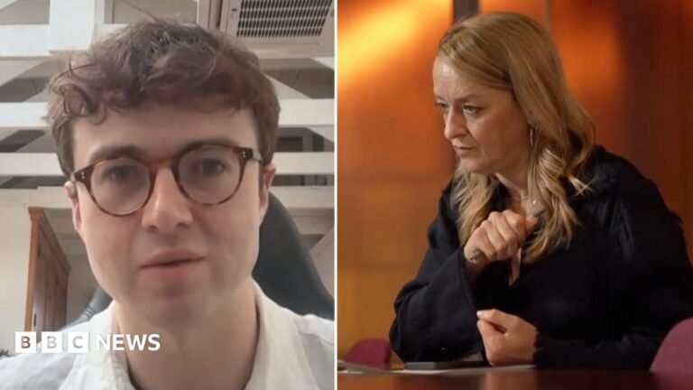 AI staff ‘genuinely frightened’ for humanity’s future, ex-Anthropic researcher tells BBC Jacob Coxon, shown on the left, wearing dark frame glasses and a white collored shirt. On the right is BBC's Laura Kuenssberg in a black shirt sitting with her arms on a desk as she looks to the left of frame.