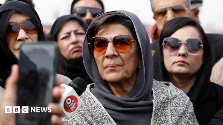 Aleema Khanum: Sister of Pakistan’s ex-PM Imran Khan arrested Aleema Khanum wears a grey head covering and sunglasses as she speaks into a news microphone. There are other women standing behind her.