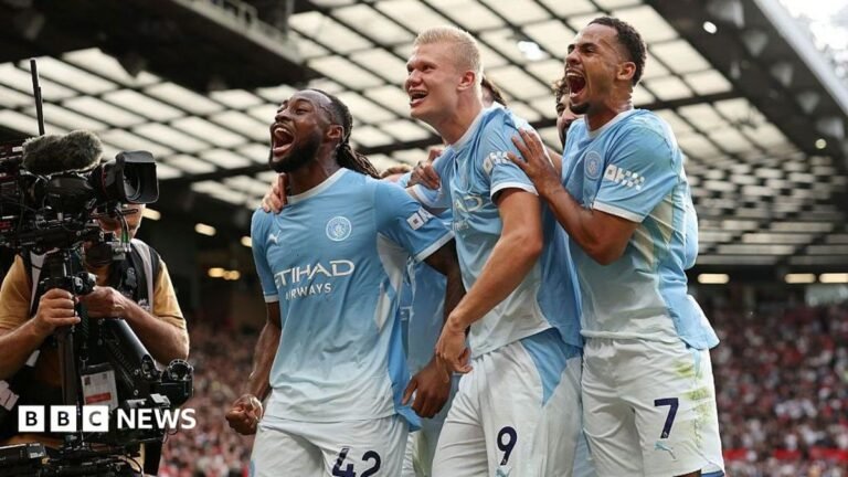 Andy Burnham ‘really concerned’ if Man City owners sell up after rule breaches Erling Haaland and teammates celebrate a goal at Old Trafford stadium.
