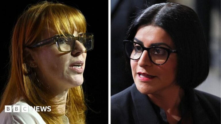 Angela Rayner criticises worker visa plans on eve of Labour conference Composite of close-ups of Angela Rayner and Shabana Mahmood. Both women wear glasses.