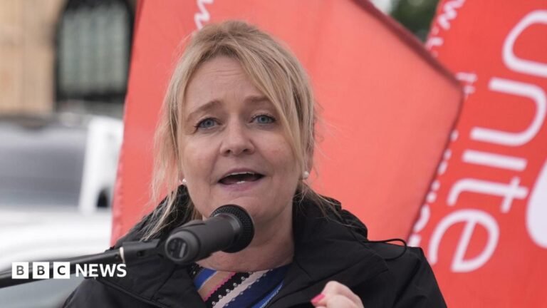 General Secretary of Unite, Sharon Graham, speaks at a Lindsey oil refinery workers rally - she is pictured speaking into a microphone with the red flags of the union behind her.