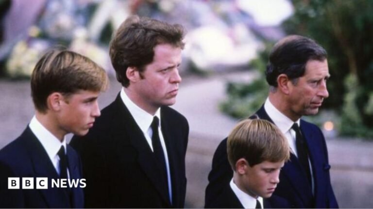 Charles said Diana would be forgotten ‘soon enough’, Earl Spencer claims in book A young Prince William stands next to Earl Spencer, a young Prince Harry and Charles at Diana's funeral. They are all wearing dark suits with ties and are facing ahead solemnly.