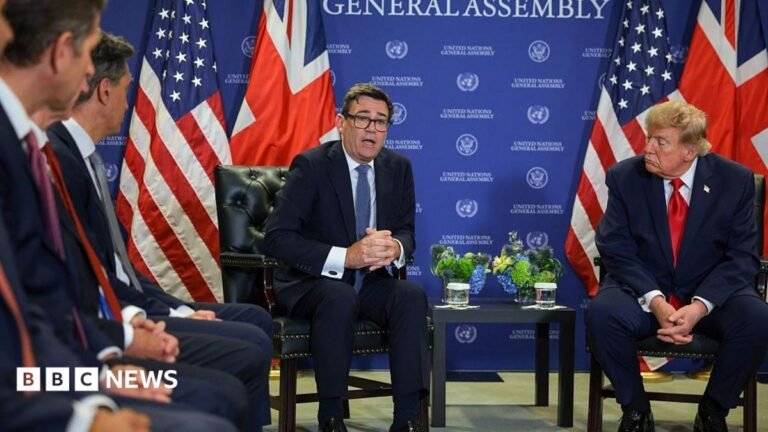 Chris Mason: In the room with President Donald Trump and Prime Minister Andy Burnham Burnham and Trump are centred seated in front of a UN General Assembly banner, lined by top US and UK foreign officials watching on.
