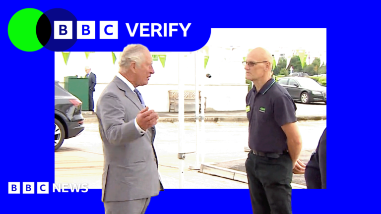 Donald Trump shares misleading video of King Charles and fainting worker Then-Prince Charles in a grey suit speaks to a man with his back to the camera who is wearing Asda uniform