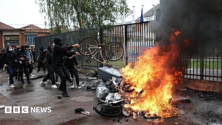 Dozens hurt and hundreds arrested in wave of French school protests Black smoke billows from burning bins and bicycles as students carry out a blocking protest at the Cesar Baggio secondary school during a day of nationwide public sector strikes and demonstrations, in Lille, on September 29, 2026.