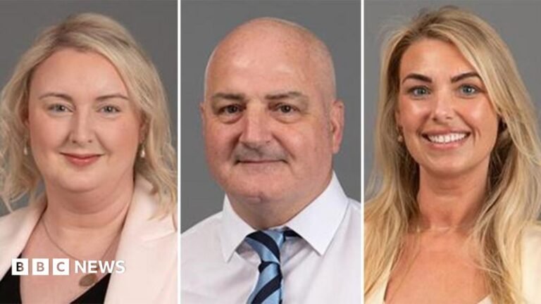 A composite image of, from left to right, Durham councillors Lyndsey Fox, Paul Sexton and Nicole Brown. Fox has shoulder length blonde hair and wears a light pink blazer, black V-neck top, gold necklace and pearl earrings. Sexton, who has no hair bar a bit of white stubble, wears a white shirt and a light blue and black striped tie. Brown has long blonde hair and wears a light yellow coloured blazer-blouse. All are smiling for the posed shots.