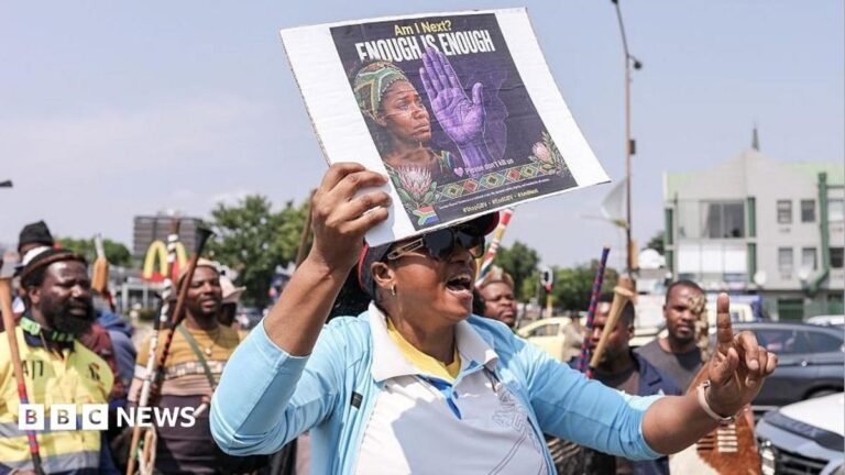 Ekurhuleni killings: What we know after bodies of 12 women found in South Africa A woman holds up an anti-abuse poster as she joins a protest in South Africa