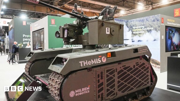 Estonia blames Russia for arson at defence company supplying Ukraine Unmanned ground vehicle built by Milrem Robotics on display at an exhibition in Paris