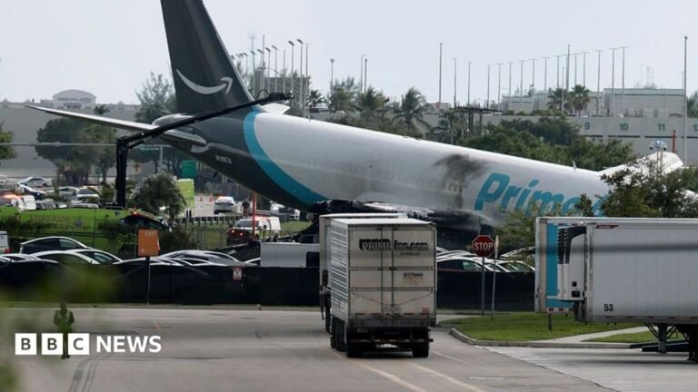 Five dead after Amazon cargo plane crashes at Miami airport The plane sitting at a crooked angle to the ground
