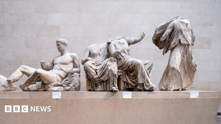 Some of the Parthenon sculptures in the British Museum. The sculptures are damaged, with some missing limbs and heads