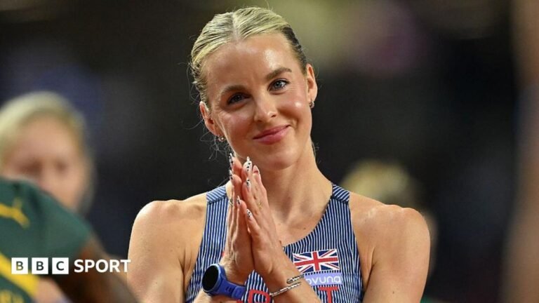 Keely Hodgkinson: Great Britain’s Olympic 800m champion reveals hamstring abnormality Head and shoulders of Keely Hodgkinson, wearing a blue GB vest with thin white stripes, standing with her hands together in front of her chest