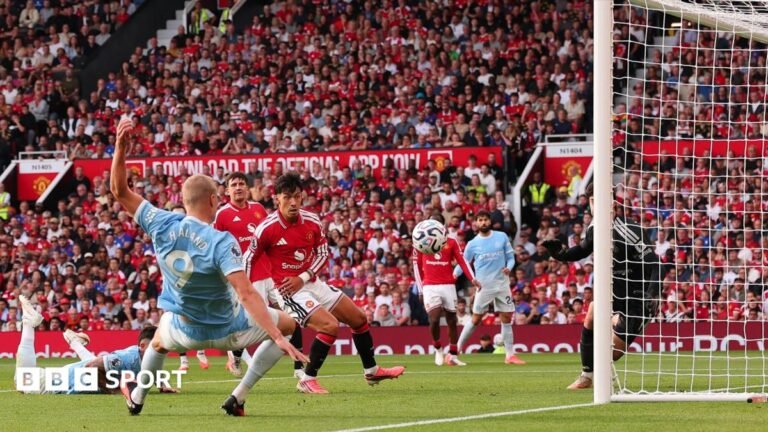 Manchester derby VAR error: Howard Webb really disappointed with missed offside Erling Haaland of Manchester City speaks with referee Michael Oliver as a VAR check is performed after his goal is initially ruled offside