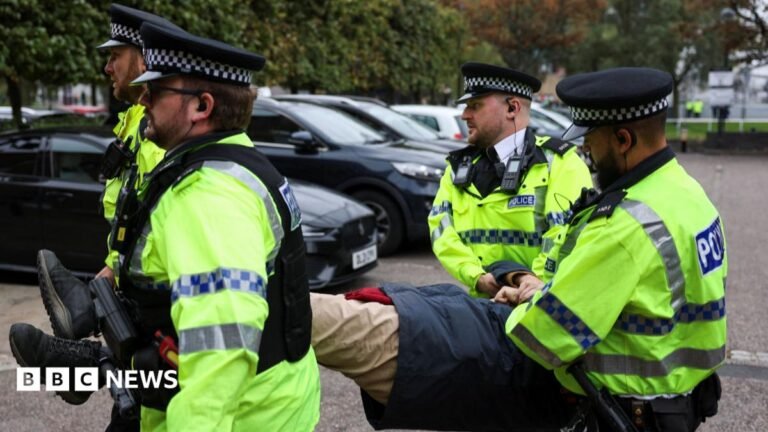 More than 50 Palestine Action support rally protesters arrested Police officers wearing yellow hi-vis jackets remove an anonymous Palestine Action supporter amid a protest outside the Labour Party’s annual conference in Liverpool.