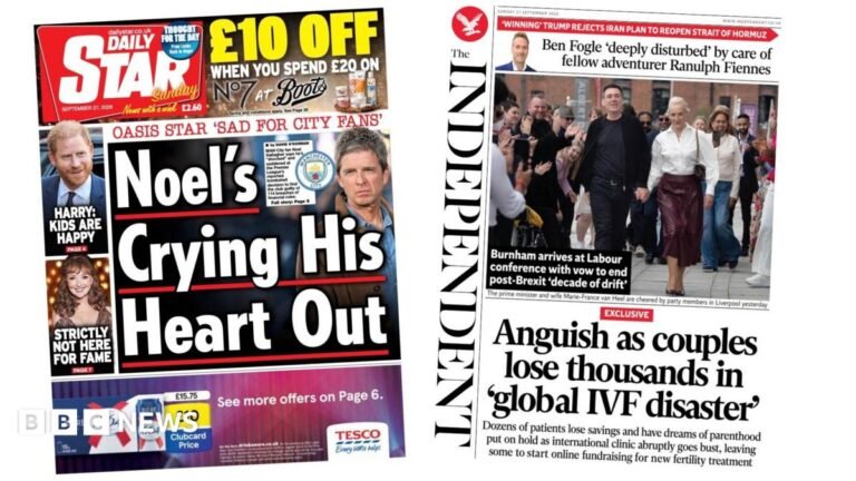 Newspaper headlines: ‘Noel’s crying his heart out’ and ‘global IVF disaster’ The headline on the front page of the Daily Star reads: 'Noel's crying his heart out.'