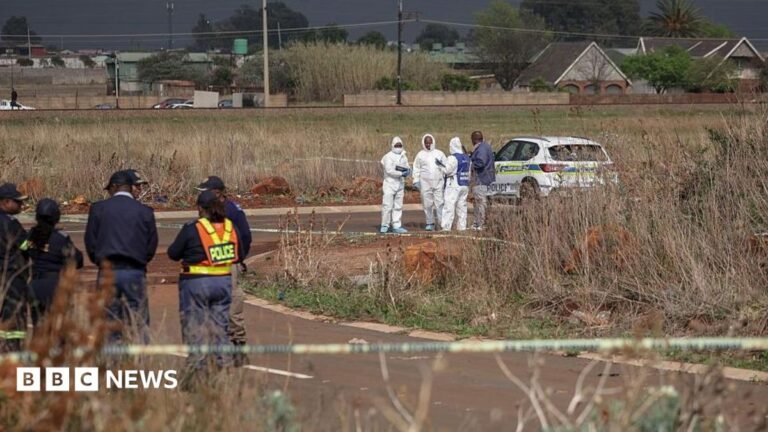 Members of the South African Police Service Forensic Pathology Services dressed in white protective gears work on a crime scene with police with their car nearby