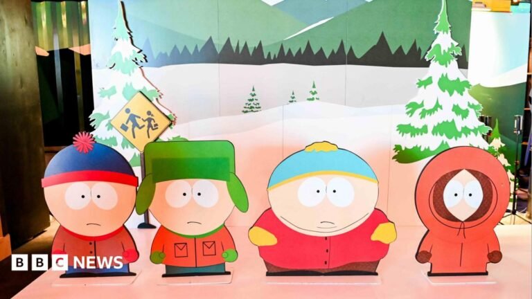 South Park creators rename show ‘South America’ in apparent dig at Trump Characters from South Park TV show as cut-outs on a stage with a wintery backdrop.