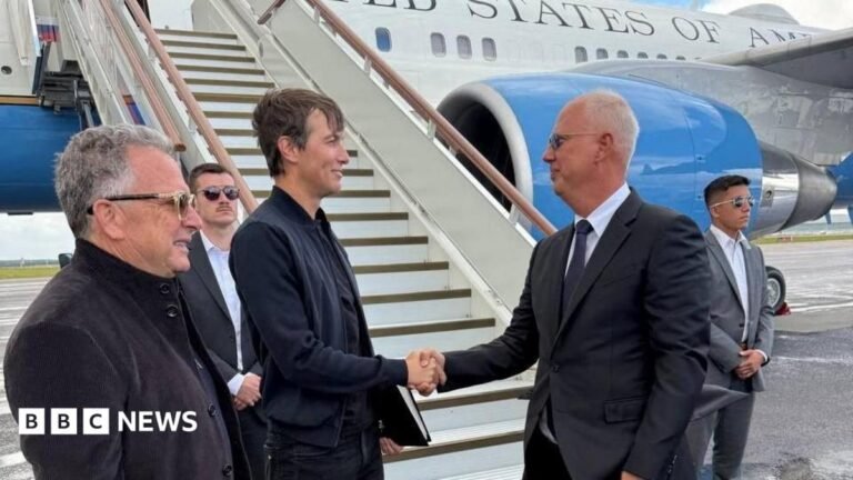 Russian presidential envoy Kirill Dmitriev walks with U.S. special representatives Jared Kushner and Steve Witkoff