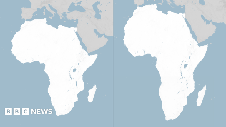 UN votes to adopt new world map to reflect Africa’s true size Side-by-side maps of Africa comparing two map projections. The Mercator projection on the left makes Africa appear smaller in comparison with Europe to its north. The Equal Earth projection on the right shows a longer, more proportionally accurate shape of the continent.