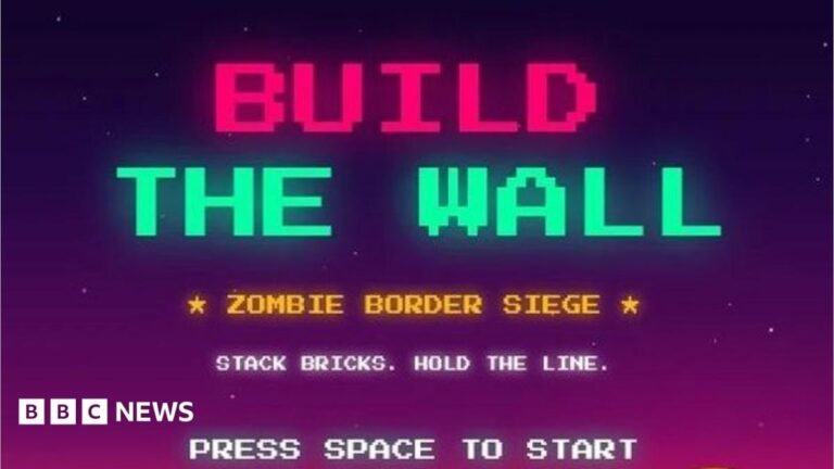 White House pulls Tetris-style ‘Build The Wall’ game after copyright concern A man wearing a grey hat and blue and navy 1/4 zip and teen boy with brown hair wearing a navy top. They are both holding tennis rackets