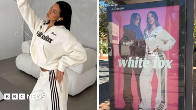 Adidas sues Australian label White Fox over four stripes design Two pictures show a woman wearing a white White Fox tracksuit taking a selfie and a bus stop billboard advertisement for the White Fox brand.