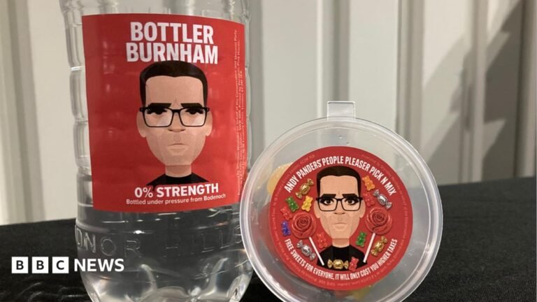 Artist ‘taking legal advice’ over Tories’ use of Andy Burnham portrait A bottle with Bottler Burnham written on it under a cartoon image of the PM wearing glasses and Andy Panders' People Pleaser Pick N Mix