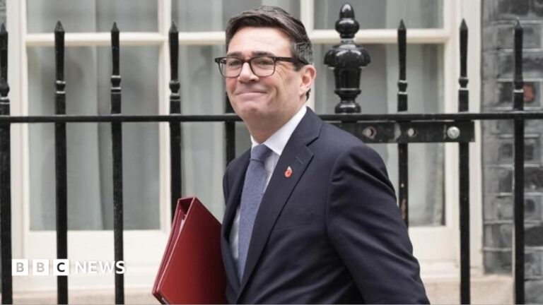 Burnham insists ‘no confusion at all’ over his position on the EU Andy Burnham smiles outside the railings of Downing Street while holding a red folder and wearing a suit.