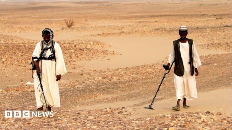 Dozens of gold prospectors killed in strikes on Egypt-Sudan border, rights group says Sudanese men wearing traditional clothing search for gold with metal detectors in the desert.