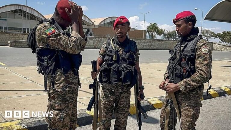 Ethiopia warns Eritrea it will defend itself after troops enter Tigray Three members of the Ethiopian National Defense Force (ENDF) in military fatigues and red berets. Behind them is the Mekelle Alula Aba Nega International Airport