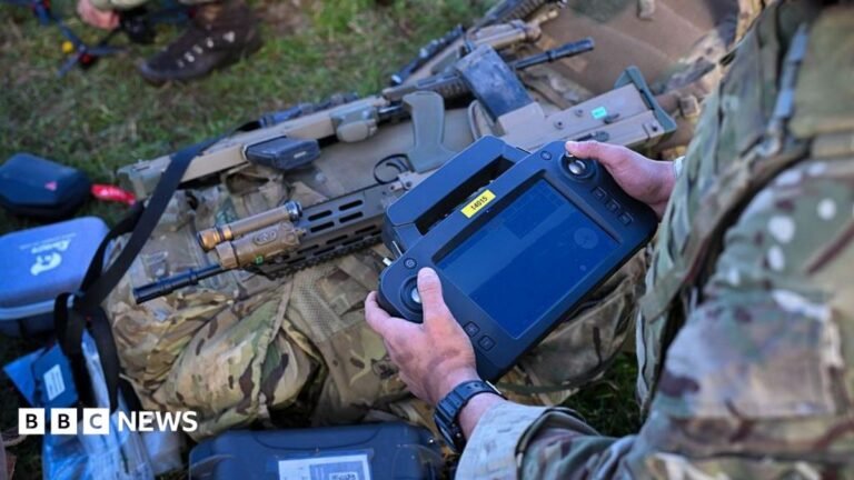 Soldiers from 16 Air Assault Brigade (16 Air Asslt Bde) set up and fly their military drones after jumping from a Royal Air Force (RAF) A400M transport aircraft onto Salisbury Plain at Copehill Down training facility on March 30, 2026 near Warminster, England.
