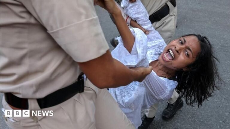 Indian police accused of sexual harassment against journalists at protest Two uniformed men drag a woman she appears to be shouting. She is wearing a white shirt and has long, black hair.