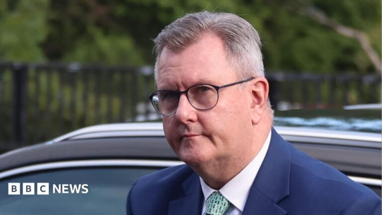 Jeffrey Donaldson: Former DUP leader sentenced to 15 years for child sex abuse convictions Jeffrey Donaldson. He has short grey hair, wearing a dark grey blazer with a fish pin on the lapel, yellow tie and white shirt.