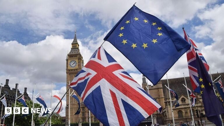 MI5 chief warns against overstating Russian interference in Brexit vote Union Jack and EU flags outside the Houses of Parliament in London.