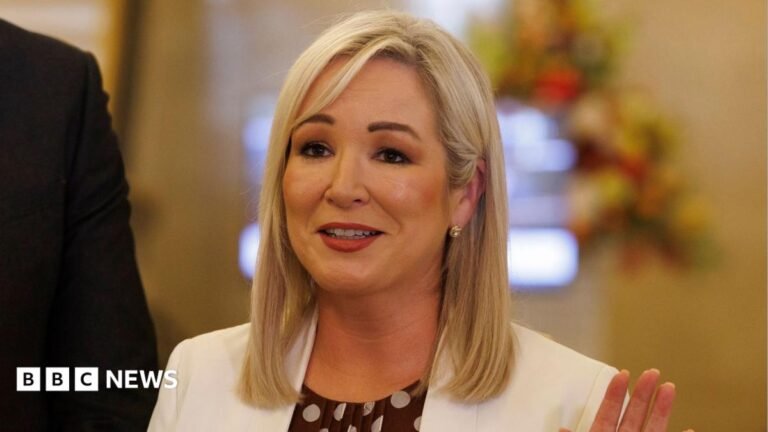 First Minister Michelle O’Neill speaking to the media during a press conference in the Great Hall at Parliament Buildings