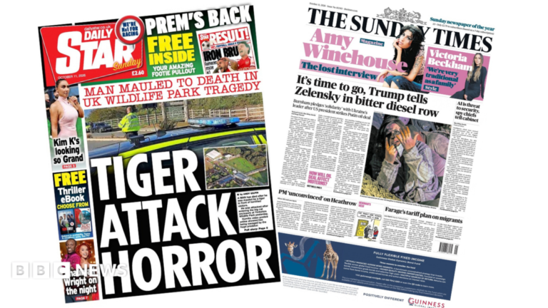 Newspaper headlines: ‘Tiger attack horror’ and Trump tells Zelensky ‘time to go’ The headline on the front page of the Daily Star reads: “Tiger attack horror”.
