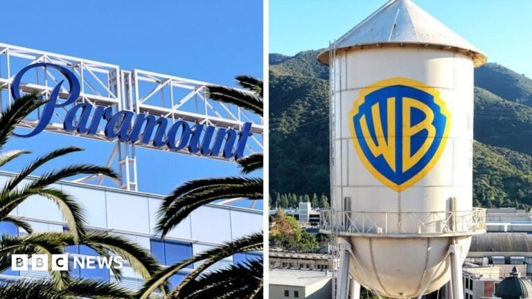 A composite image of Paramount and Warner Bros. logos on company buildings