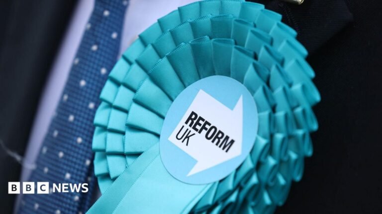 A light blue Reform UK rosette pinned on a person wearing a suit and a dark blue tie.