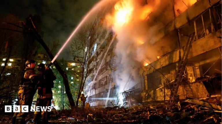 A still from a video of a data centre on fire following a Ukrainian strike, in a BBC Verify branded border.