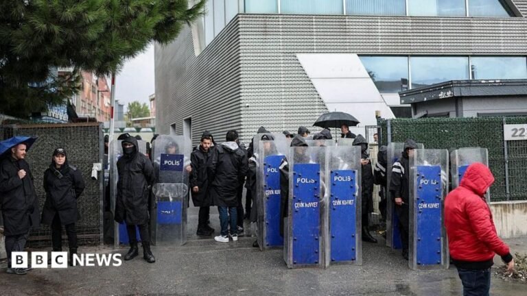 Turkish police raid opposition TV, halting live broadcasts A still from a video of a data centre on fire following a Ukrainian strike, in a BBC Verify branded border.