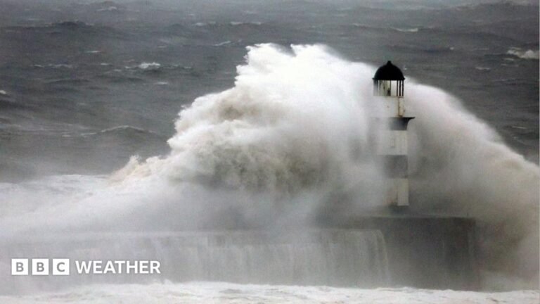 Two named storms in two days as Austen and Boelo target UK Large waves hitting a lighthouse during a storm