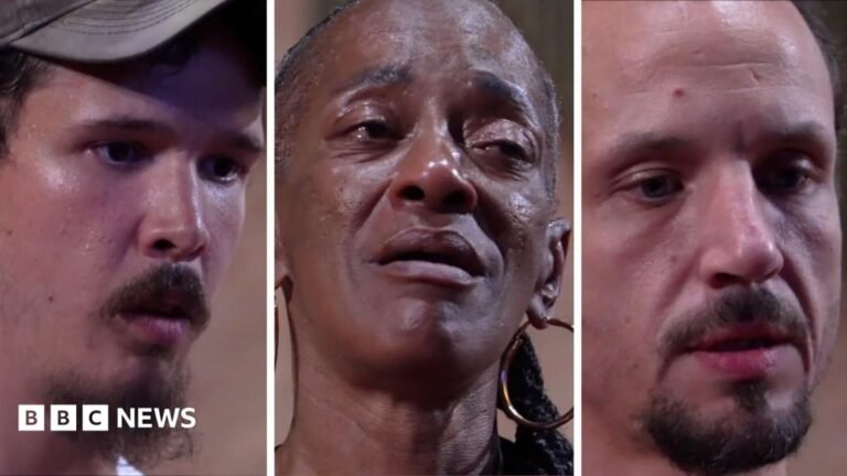 US church on frontline of battle against drug known as ‘tranq’ A split screen image of two males and a female in the middle.