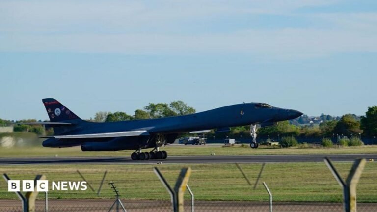 A Rockwell B1 Lancer heavy bomber takes off