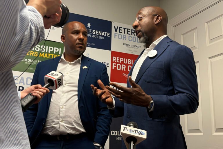 Warnock wants Democrats to focus on the South. He’s starting in Mississippi. Sen. Raphael Warnock and Democratic nominee for Senate in Mississippi Scott Colom address reporters in Jackson, Mississippi.