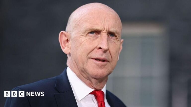 A treated image showing Andy Burnham and John Healey in black and white. A colour photograph of Laura Kuenssberg sits in front of it